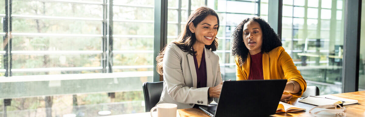 2 women sitting at desk looking at laptop