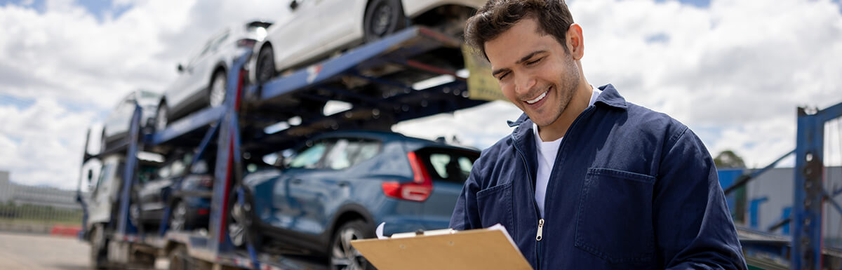 man checking list for a fleet of cars